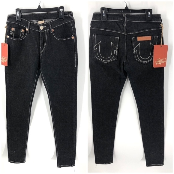 NWT True Religion Jeans Low Rise Faded Black Skinny Embroidered Pockets Size 26 - Picture 1 of 13